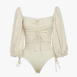 Lani The Label Cream Tie- Front Puff-Sleeve Bodysuit